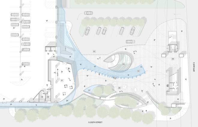 Angle Lake Transit Station and Plaza, Seattle-Tacoma International Airport, Brooks + Scarpa, William Forsythe, airport, undulating façade, aluminium facade, aluminium, transparent façade, green architecture
