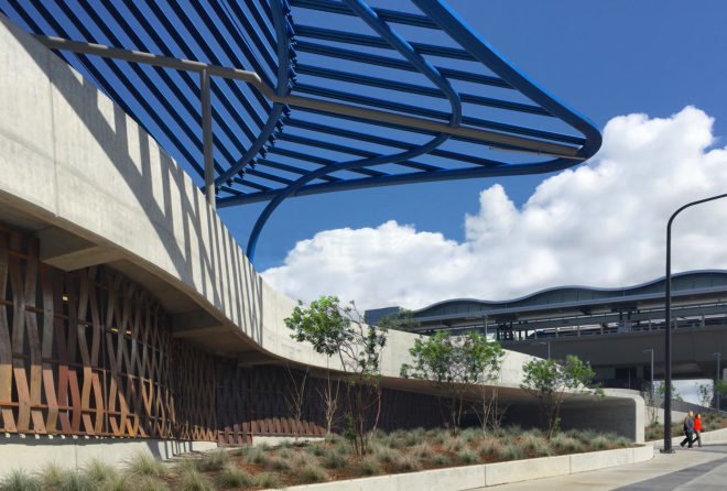 Angle Lake Transit Station and Plaza, Seattle-Tacoma International Airport, Brooks + Scarpa, William Forsythe, airport, undulating façade, aluminium facade, aluminium, transparent façade, green architecture