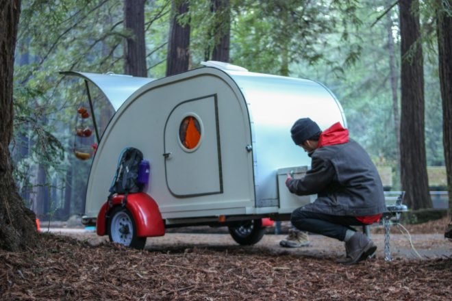 Camp Weathered, Forest Cottage Teardrop, tiny campers, teardrop campers, tiny trailers, rent a teardrop camper, california camping trailers, rent a camper, camping in a teardrop camper, tiny trailer design, camping trailers, teardrop rentals, rental service teardrop campers, teardrop rentals california