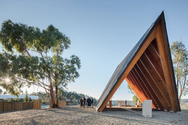 Chapel, tents, Portugal, Plano Humano Arquitectos, wooden beams, National Scout´s Activities Camp (CNAE), tiny building, green architecture, natural building materials, gable roof, panoramic views