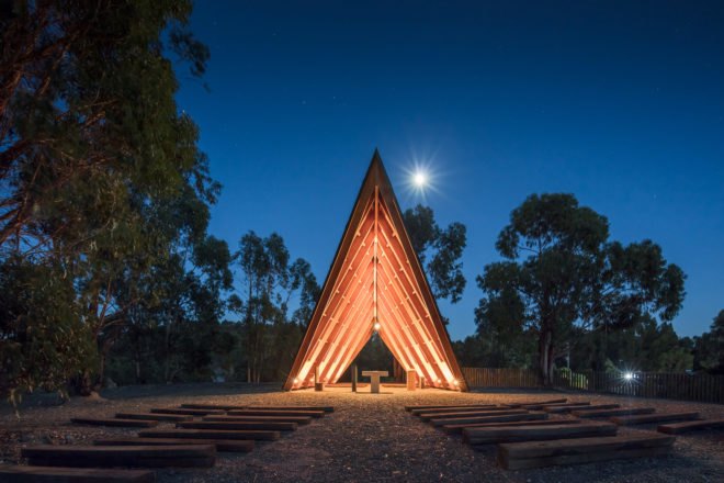 Chapel, tents, Portugal, Plano Humano Arquitectos, wooden beams, National Scout´s Activities Camp (CNAE), tiny building, green architecture, natural building materials, gable roof, panoramic views