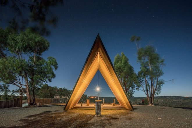 Chapel, tents, Portugal, Plano Humano Arquitectos, wooden beams, National Scout´s Activities Camp (CNAE), tiny building, green architecture, natural building materials, gable roof, panoramic views