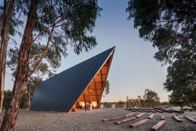 Chapel, tents, Portugal, Plano Humano Arquitectos, wooden beams, National Scout´s Activities Camp (CNAE), tiny building, green architecture, natural building materials, gable roof, panoramic views