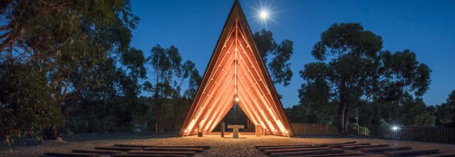 Chapel, tents, Portugal, Plano Humano Arquitectos, wooden beams, National Scout´s Activities Camp (CNAE), tiny building, green architecture, natural building materials, gable roof, panoramic views