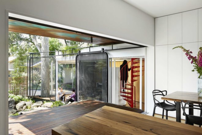 Kiah House by Austin Maynard Architects, North Fitzroy Kiah House, Kiah House Melbourne, Awakened Flow by Seb Humphreys, recycled sugar mill timber, live/work architecture in Melbourne, green renovation in Melbourne,