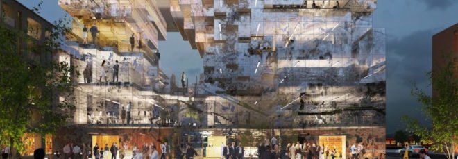 Esslingen redevelopment, Milestone by MVRDV, Milestone in Esslingen, crystalline architecture, pixelated architecture, solar powered Esslingen architecture, fritted glass architecture, redevelopment in Esslingen