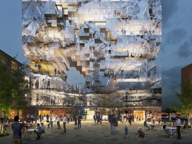Esslingen redevelopment, Milestone by MVRDV, Milestone in Esslingen, crystalline architecture, pixelated architecture, solar powered Esslingen architecture, fritted glass architecture, redevelopment in Esslingen