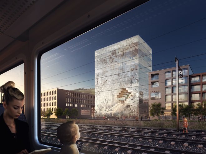 Esslingen redevelopment, Milestone by MVRDV, Milestone in Esslingen, crystalline architecture, pixelated architecture, solar powered Esslingen architecture, fritted glass architecture, redevelopment in Esslingen