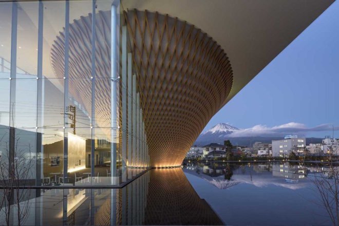 Mt Fuji World Heritage Center by Shigeru Ban, Mt Fuji World Heritage Center, Mt Fuji World Heritage Center Fujinomiya, Mt Fuji World Heritage Center Shizuoka, Shigeru Ban Fuji building, latticed timber cone architecture, mount fuji architecture