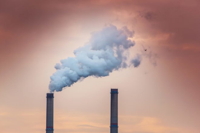 Power plant, coal power plant, smoke stack, smoke, industrial, sunset