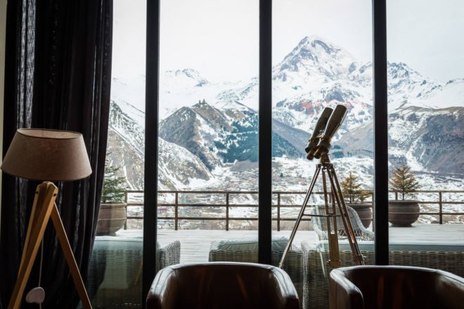 Rooms Hotel Kazbegi, renovated resort, green renovation, brutalist building, green resort, Georgia, Nata Janberidze, Keti Toloraia, luxury hotel, industrial design, terrace, swimming pool