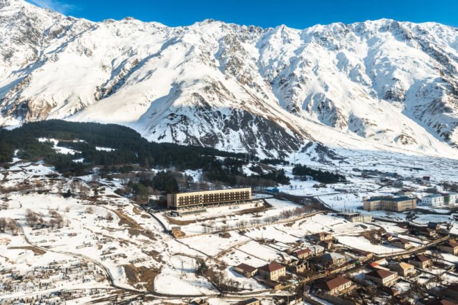 Rooms Hotel Kazbegi, renovated resort, green renovation, brutalist building, green resort, Georgia, Nata Janberidze, Keti Toloraia, luxury hotel, industrial design, terrace, swimming pool