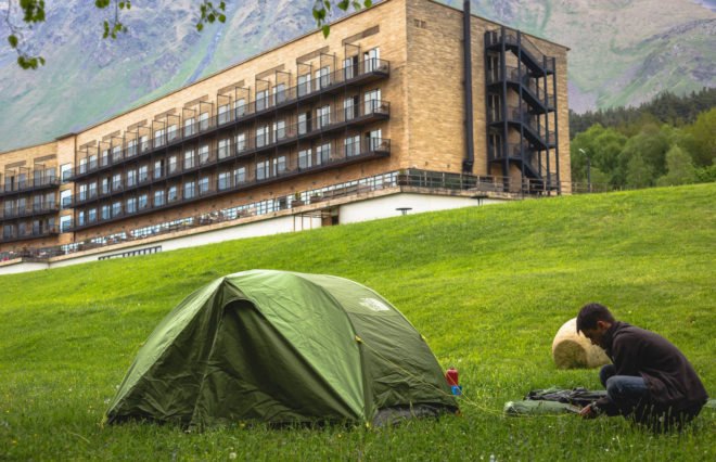 Rooms Hotel Kazbegi, renovated resort, green renovation, brutalist building, green resort, Georgia, Nata Janberidze, Keti Toloraia, luxury hotel, industrial design, terrace, swimming pool