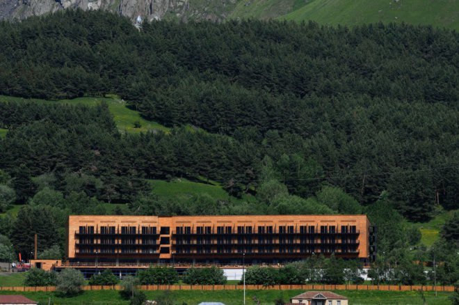 Rooms Hotel Kazbegi, renovated resort, green renovation, brutalist building, green resort, Georgia, Nata Janberidze, Keti Toloraia, luxury hotel, industrial design, terrace, swimming pool
