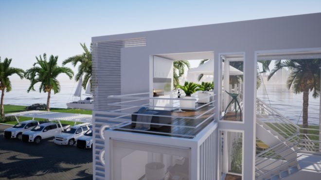 Upcycled Shipping Containers, Reale Architectos, shipping containers, upcycled shipping containers, shipping container buildings, green design, sustainable design, solar energy, rainwater collection system, shipping containers in miami, miami shipping container buildings, office design, sustainable office design, beautiful shipping containers buildings,