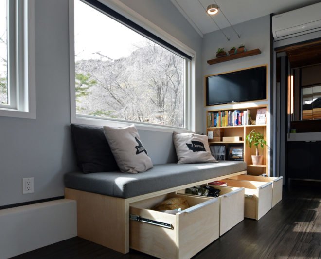 SHED tiny house, tiny house, tiny home, sitting area, couch, interior