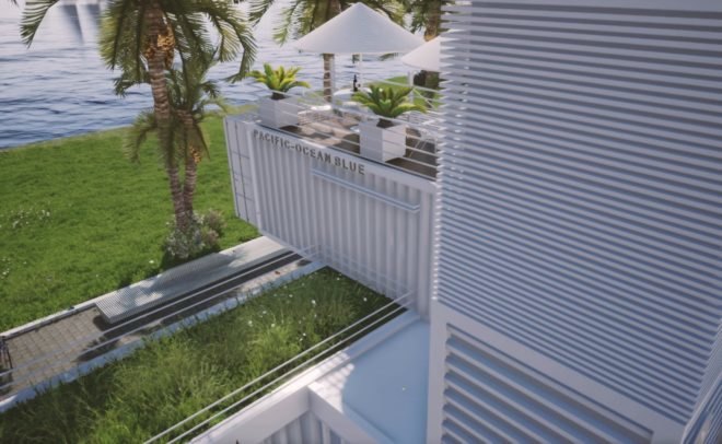 Upcycled Shipping Containers, Reale Architectos, shipping containers, upcycled shipping containers, shipping container buildings, green design, sustainable design, solar energy, rainwater collection system, shipping containers in miami, miami shipping container buildings, office design, sustainable office design, beautiful shipping containers buildings,