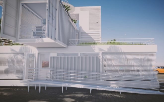 Upcycled Shipping Containers, Reale Architectos, shipping containers, upcycled shipping containers, shipping container buildings, green design, sustainable design, solar energy, rainwater collection system, shipping containers in miami, miami shipping container buildings, office design, sustainable office design, beautiful shipping containers buildings,