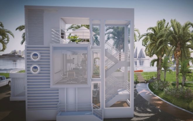 Upcycled Shipping Containers, Reale Architectos, shipping containers, upcycled shipping containers, shipping container buildings, green design, sustainable design, solar energy, rainwater collection system, shipping containers in miami, miami shipping container buildings, office design, sustainable office design, beautiful shipping containers buildings,