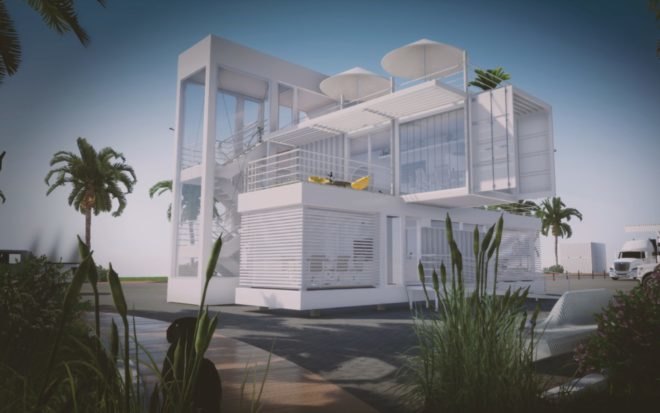 Upcycled Shipping Containers, Reale Architectos, shipping containers, upcycled shipping containers, shipping container buildings, green design, sustainable design, solar energy, rainwater collection system, shipping containers in miami, miami shipping container buildings, office design, sustainable office design, beautiful shipping containers buildings,