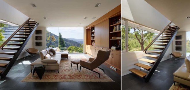 Shou Sugi Ban House by Schwartz and Architecture, Shou Sugi Ban House, Shou Sugi Ban House Silicon Valley, charred timber architecture in Los Gatos, floating staircase walnut and metal, cantilevered walnut treads