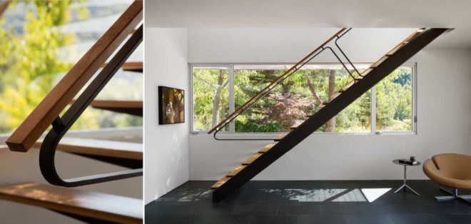 Shou Sugi Ban House by Schwartz and Architecture, Shou Sugi Ban House, Shou Sugi Ban House Silicon Valley, charred timber architecture in Los Gatos, floating staircase walnut and metal, cantilevered walnut treads