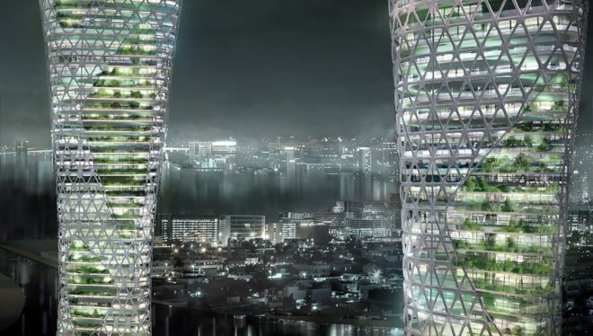 Symbiotic Towers, Symbiotic Towers by AmorphouStudio, AmorphouStudio, architecture, tower, towers, night