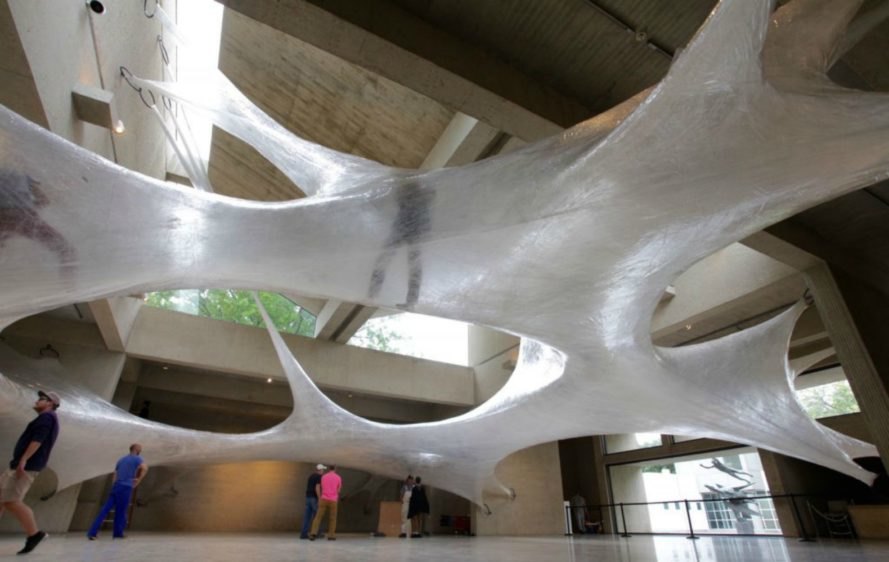 Suspended Tape Structure, Numen/For Use, Tape Art Installation, Des Moines Art Center, Drawing in Space, spider art, hanging art, tape art des moines, art installation, interactive art installation, tape art installation, tape art, tape structures, human scale spider web, spider web art