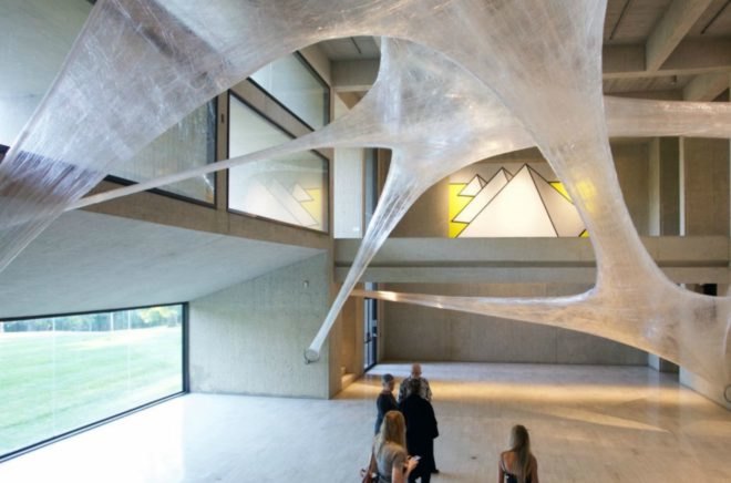 Suspended Tape Structure, Numen/For Use, Tape Art Installation, Des Moines Art Center, Drawing in Space, spider art, hanging art, tape art des moines, art installation, interactive art installation, tape art installation, tape art, tape structures, human scale spider web, spider web art