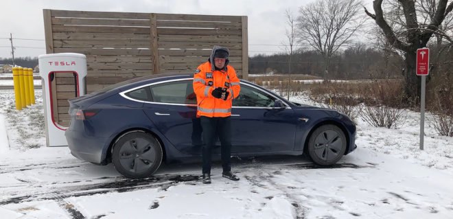 Tesla, Tesla Model 3, charging, EV charging, electric vehicle, electric car, snow, cold