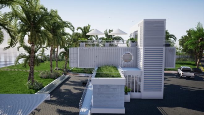Upcycled Shipping Containers, Reale Architectos, shipping containers, upcycled shipping containers, shipping container buildings, green design, sustainable design, solar energy, rainwater collection system, shipping containers in miami, miami shipping container buildings, office design, sustainable office design, beautiful shipping containers buildings,