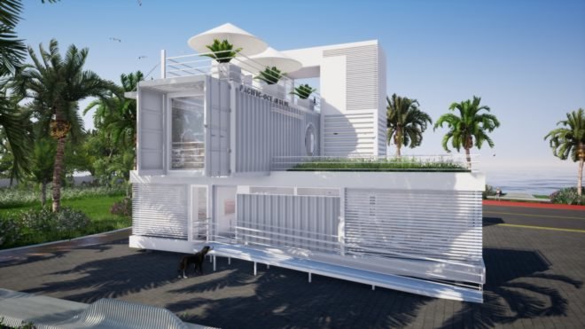 Upcycled Shipping Containers, Reale Architectos, shipping containers, upcycled shipping containers, shipping container buildings, green design, sustainable design, solar energy, rainwater collection system, shipping containers in miami, miami shipping container buildings, office design, sustainable office design, beautiful shipping containers buildings,