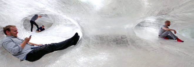 Suspended Tape Structure, Numen/For Use, Tape Art Installation, Des Moines Art Center, Drawing in Space, spider art, hanging art, tape art des moines, art installation, interactive art installation, tape art installation, tape art, tape structures, human scale spider web, spider web art