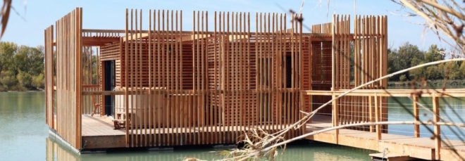 Cabanes des Grands Cepages, Cabanes des Grands Cepages by Atelier Lavit, prefabricated hotel, eco lodge, eco hotel, minimal landscape impact, floating hotel, France eco hotel,