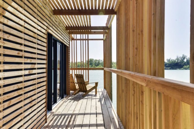 Cabanes des Grands Cepages, Cabanes des Grands Cepages by Atelier Lavit, prefabricated hotel, eco lodge, eco hotel, minimal landscape impact, floating hotel, France eco hotel,
