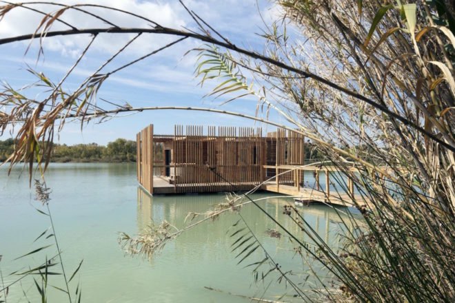 Cabanes des Grands Cepages, Cabanes des Grands Cepages by Atelier Lavit, prefabricated hotel, eco lodge, eco hotel, minimal landscape impact, floating hotel, France eco hotel,