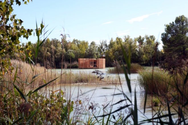 Cabanes des Grands Cepages, Cabanes des Grands Cepages by Atelier Lavit, prefabricated hotel, eco lodge, eco hotel, minimal landscape impact, floating hotel, France eco hotel,
