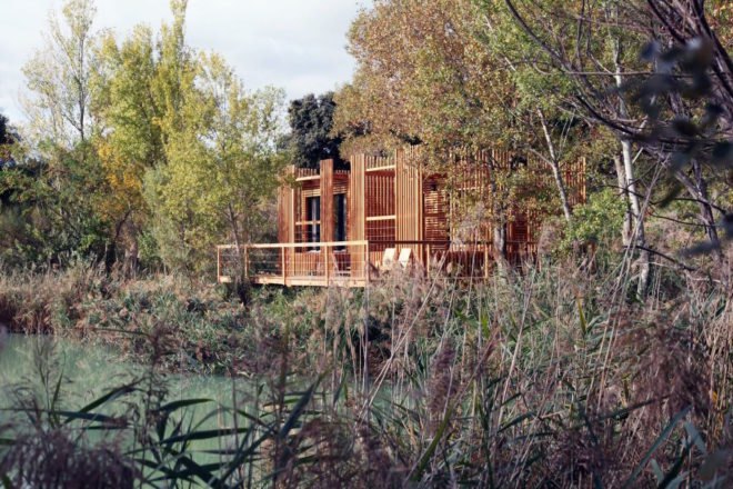 Cabanes des Grands Cepages, Cabanes des Grands Cepages by Atelier Lavit, prefabricated hotel, eco lodge, eco hotel, minimal landscape impact, floating hotel, France eco hotel,