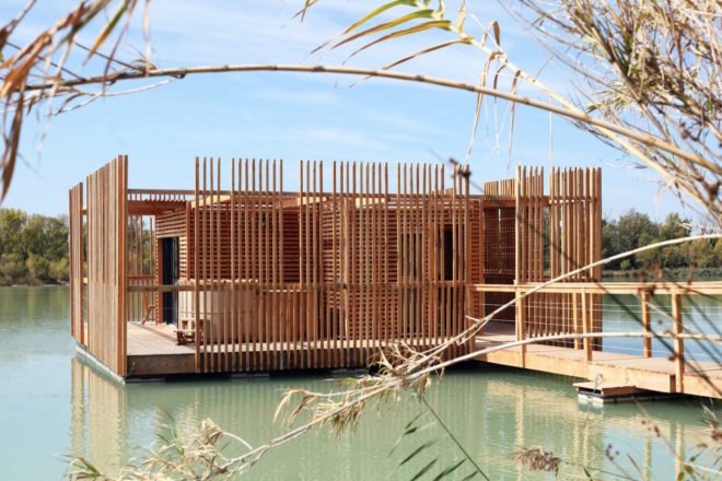 Cabanes des Grands Cepages, Cabanes des Grands Cepages by Atelier Lavit, prefabricated hotel, eco lodge, eco hotel, minimal landscape impact, floating hotel, France eco hotel,