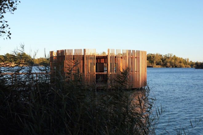 Cabanes des Grands Cepages, Cabanes des Grands Cepages by Atelier Lavit, prefabricated hotel, eco lodge, eco hotel, minimal landscape impact, floating hotel, France eco hotel,