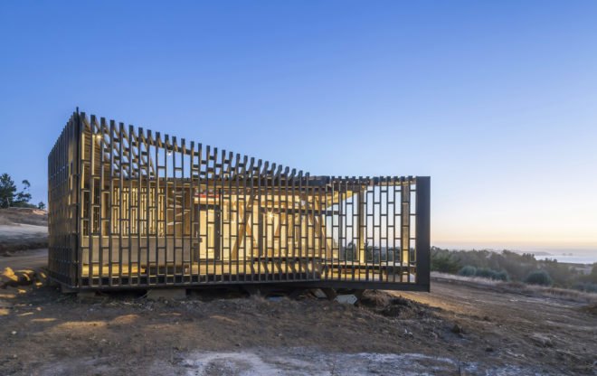 Casa Casi Cubo, L A N D architecture, wooden pavilion, Chile, perforated façade, shelter, pine wood, green architecture, patterns, indoor outdoor living