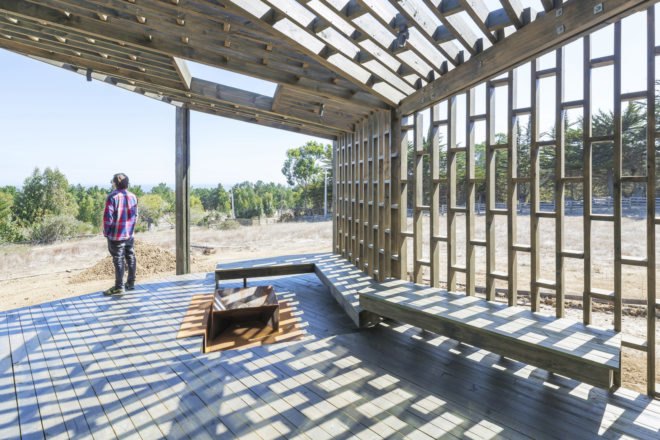 Casa Casi Cubo, L A N D architecture, wooden pavilion, Chile, perforated façade, shelter, pine wood, green architecture, patterns, indoor outdoor living