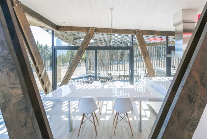 Casa Casi Cubo, L A N D architecture, wooden pavilion, Chile, perforated façade, shelter, pine wood, green architecture, patterns, indoor outdoor living