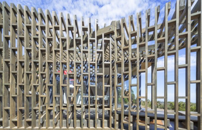 Casa Casi Cubo, L A N D architecture, wooden pavilion, Chile, perforated façade, shelter, pine wood, green architecture, patterns, indoor outdoor living