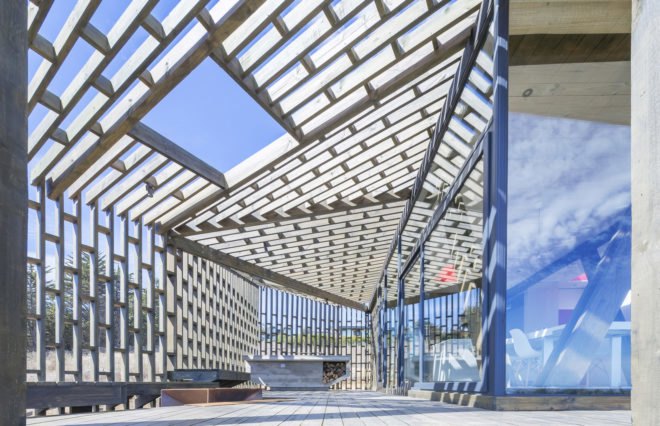Casa Casi Cubo, L A N D architecture, wooden pavilion, Chile, perforated façade, shelter, pine wood, green architecture, patterns, indoor outdoor living