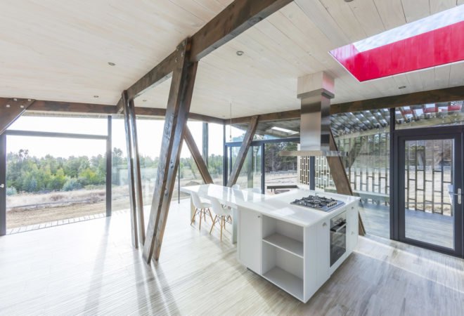 Casa Casi Cubo, L A N D architecture, wooden pavilion, Chile, perforated façade, shelter, pine wood, green architecture, patterns, indoor outdoor living