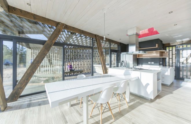 Casa Casi Cubo, L A N D architecture, wooden pavilion, Chile, perforated façade, shelter, pine wood, green architecture, patterns, indoor outdoor living