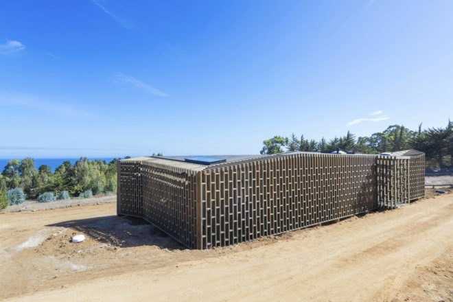 Casa Casi Cubo, L A N D architecture, wooden pavilion, Chile, perforated façade, shelter, pine wood, green architecture, patterns, indoor outdoor living