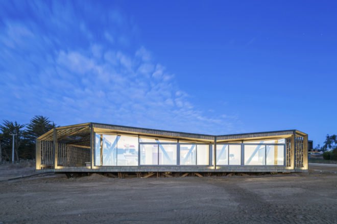 Casa Casi Cubo, L A N D architecture, wooden pavilion, Chile, perforated façade, shelter, pine wood, green architecture, patterns, indoor outdoor living