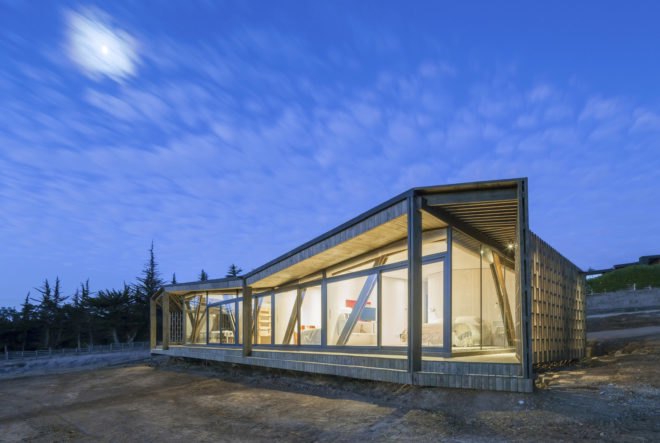 Casa Casi Cubo, L A N D architecture, wooden pavilion, Chile, perforated façade, shelter, pine wood, green architecture, patterns, indoor outdoor living
